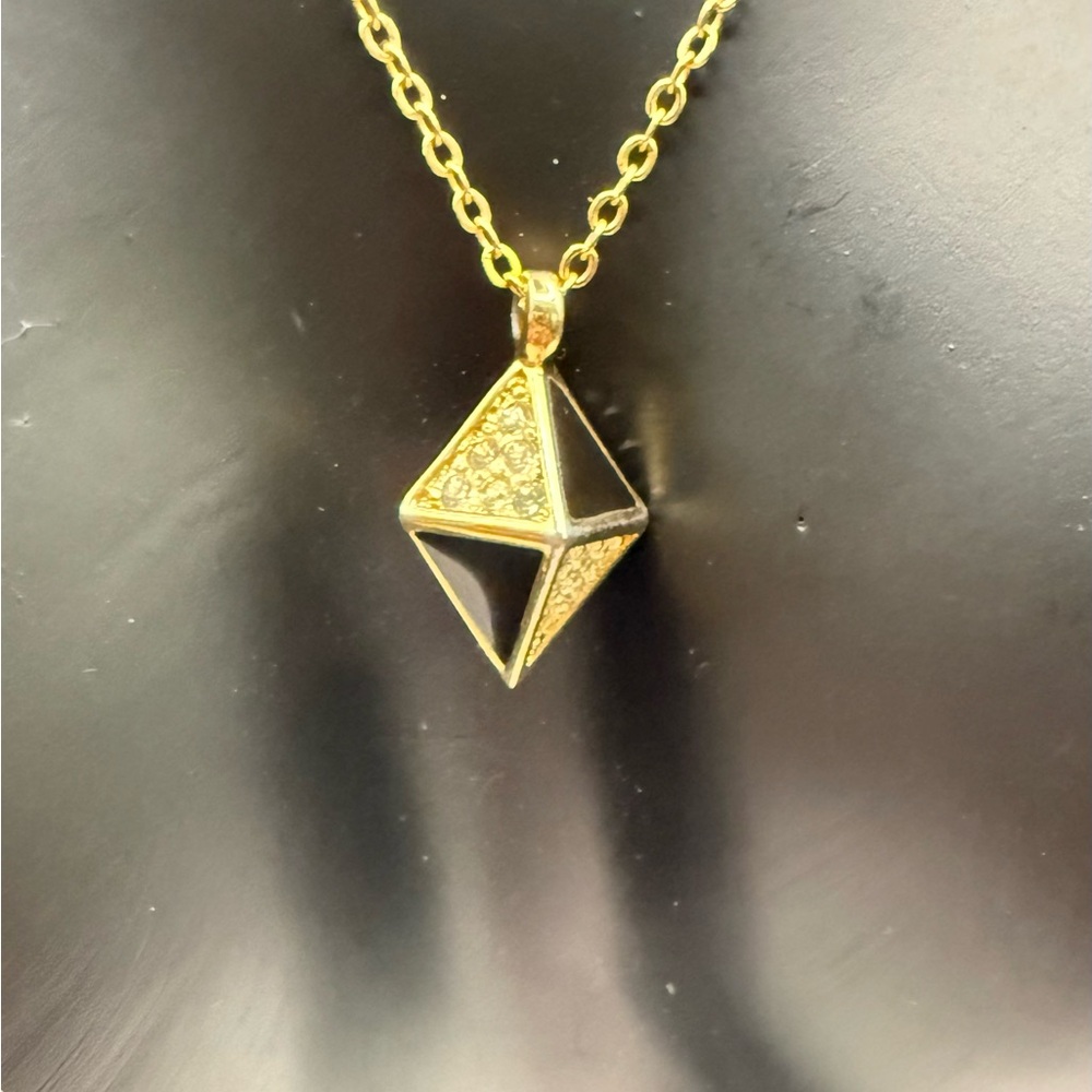 Vintage Dior Gold rhinestones, and black Triangle Pendant with chain Necklace - Picture 3 of 12